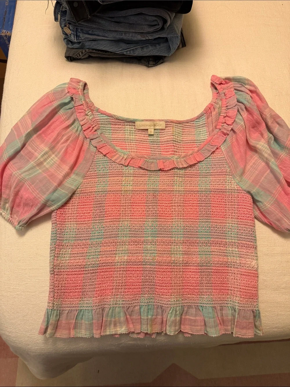 LoveShackFancy Pink and Light Blue Smocked Ruffle Top